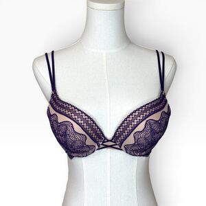 Victoria’s Secret Push Up Bra 34B Purple Lace Nude Mesh Strappy Plunge